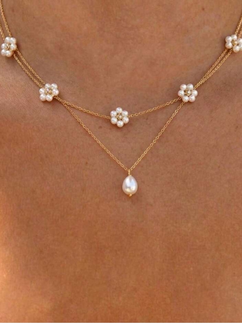 New Gold Floral Pearl Pendant Necklace